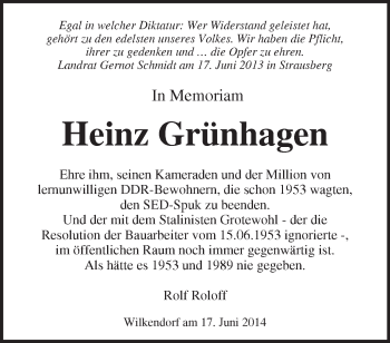 Traueranzeige von Heinz Grünhagen von Märkische Oderzeitung