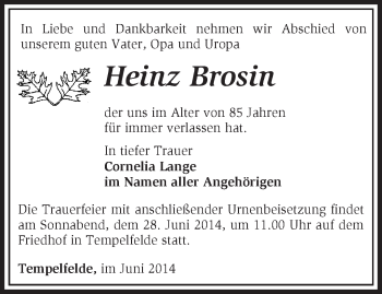 Traueranzeige von Heinz Brosin von Märkische Oderzeitung