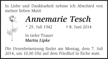 Traueranzeige von Annemarie Tesch von Märkische Oderzeitung