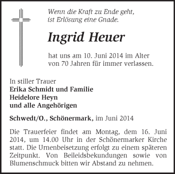 Traueranzeige von Ingrid Heuer von Märkische Oderzeitung