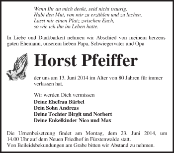 Traueranzeige von Horst Pfeiffer von Märkische Oderzeitung