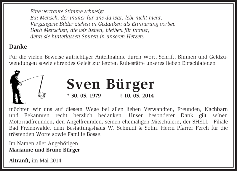  Traueranzeige für Sven Bürger vom 21.06.2014 aus Märkische Oderzeitung