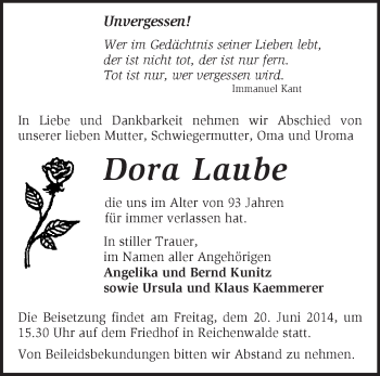 Traueranzeige von Dora Laube von Märkische Oderzeitung