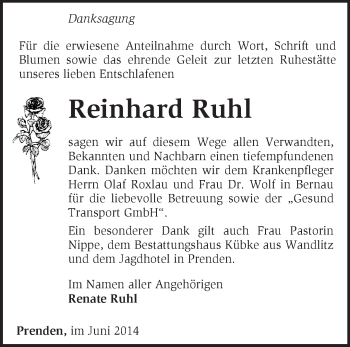 Traueranzeige von Reinhard Ruhl von Märkische Oderzeitung