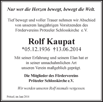 Traueranzeige von Rolf Kaupat von Märkische Oderzeitung