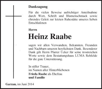 Traueranzeige von Heinz Raabe von Märkische Oderzeitung