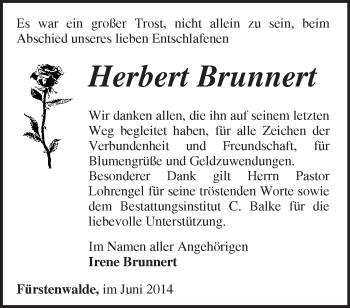 Traueranzeige von Herbert Brunnert von Märkische Oderzeitung