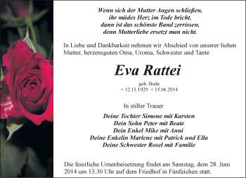 Traueranzeige von Eva Rattei von Märkische Oderzeitung