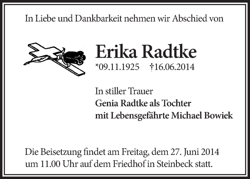  Traueranzeige für Erika Radtke vom 21.06.2014 aus Märkische Oderzeitung