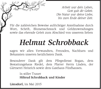 Traueranzeige von Helmut Schrobback von Märkische Oderzeitung