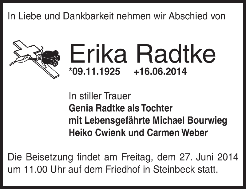  Traueranzeige für Erika Radtke vom 24.06.2014 aus Märkische Oderzeitung