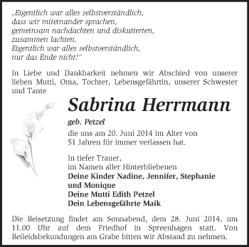 Traueranzeige von Sabrina Herrmann von Märkische Oderzeitung