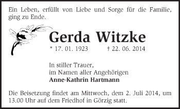 Traueranzeige von Gerda Witzke von Märkische Oderzeitung