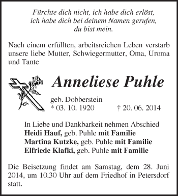 Traueranzeige von Anneliese Puhle von Märkische Oderzeitung