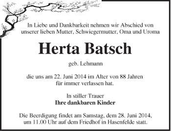 Traueranzeige von Herta Batsch von Märkische Oderzeitung