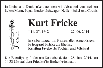 Traueranzeige von Kurt Fricke von Märkische Oderzeitung