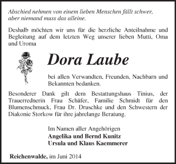 Traueranzeige von Dora Laube von Märkische Oderzeitung