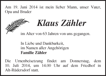 Traueranzeige von Klaus Zähler von Märkische Oderzeitung