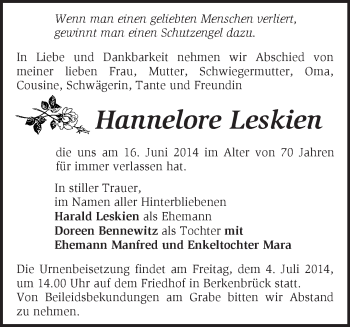 Traueranzeige von Hannelore Leskien von Märkische Oderzeitung