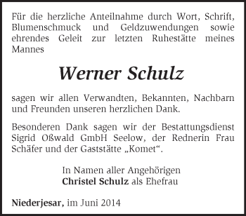 Traueranzeige von Werner Schulz von Märkische Oderzeitung