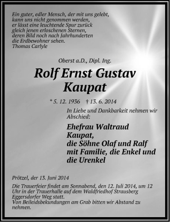 Traueranzeige von Rolf Ernst Gustav Kaupat von Märkische Oderzeitung