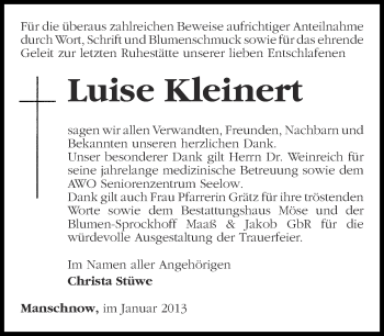 Traueranzeige von Luise Kleinert von Märkische Oderzeitung