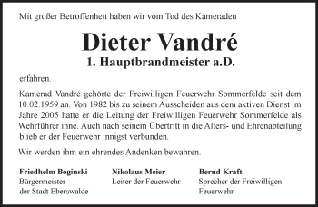 Traueranzeige von Dieter Vandre von Märkische Oderzeitung