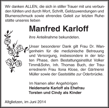 Traueranzeige von Manfred Karloff von Märkische Oderzeitung