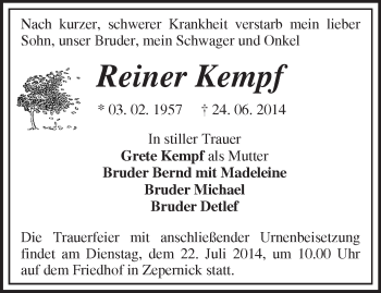 Traueranzeige von Reiner Kempf von Märkische Oderzeitung