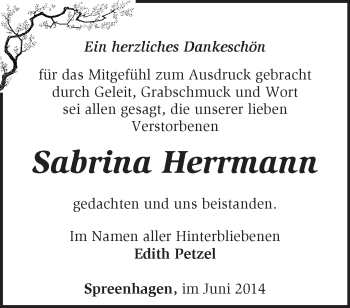 Traueranzeige von Sabrina Herrmann von Märkische Oderzeitung