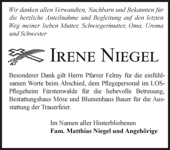 Traueranzeige von Irene Niegel von Märkische Oderzeitung