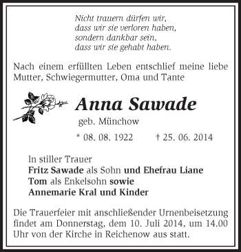 Traueranzeige von Anna Sawade von Märkische Oderzeitung