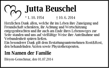 Traueranzeige von Jutta Beuschel von Märkische Oderzeitung