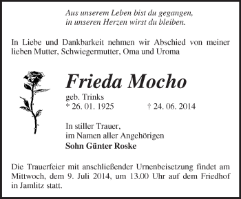 Traueranzeige von Frieda Mocho von Märkische Oderzeitung