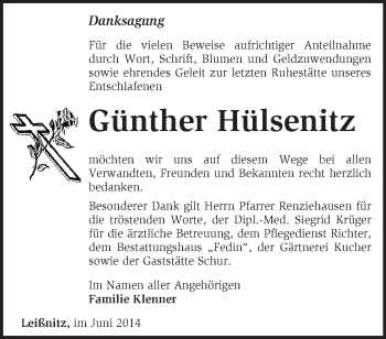 Traueranzeige von Günther Hülsenitz von Märkische Oderzeitung