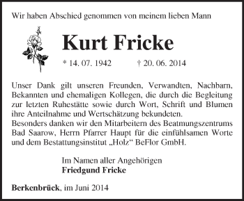 Traueranzeige von Kurt Fricke von Märkische Oderzeitung