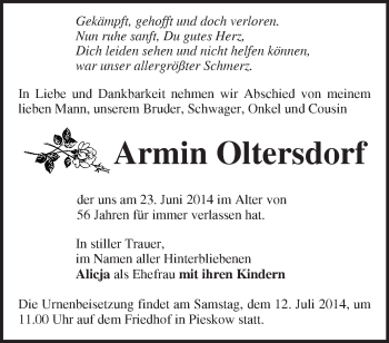 Traueranzeige von Armin Oltersdorf von Märkische Oderzeitung