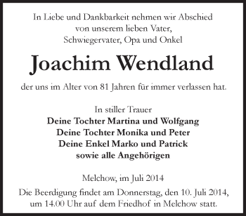 Traueranzeige von Joachim Wendland von Märkische Oderzeitung