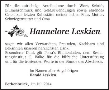 Traueranzeige von Hannelore Leskien von Märkische Oderzeitung