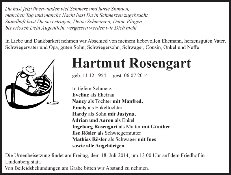  Traueranzeige für Hartmut Rosengart vom 12.07.2014 aus Märkische Oderzeitung