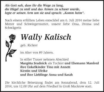 Traueranzeige von Wally Kalisch von Märkische Oderzeitung