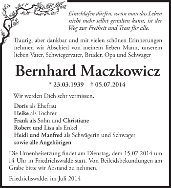 Traueranzeige von Bernhard Maczkowicz von Märkische Oderzeitung