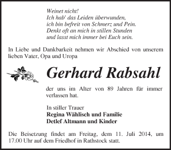 Traueranzeige von Gerhard Rabsahl von Märkische Oderzeitung