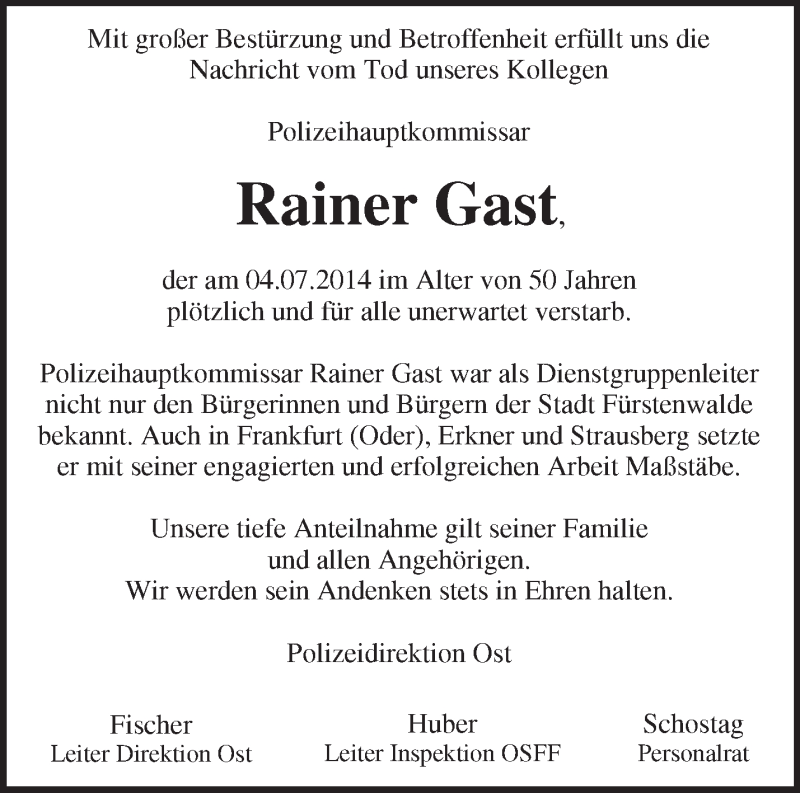  Traueranzeige für Rainer Gast vom 12.07.2014 aus Märkische Oderzeitung