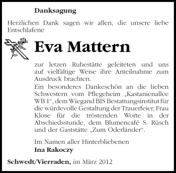 Traueranzeige von Eva Mattern von Märkische Oderzeitung