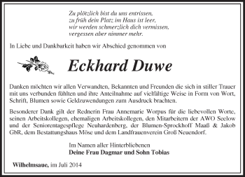 Traueranzeige von Eckhard Duwe von Märkische Oderzeitung