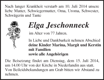 Traueranzeige von Elga Jeschonneck von Märkische Oderzeitung