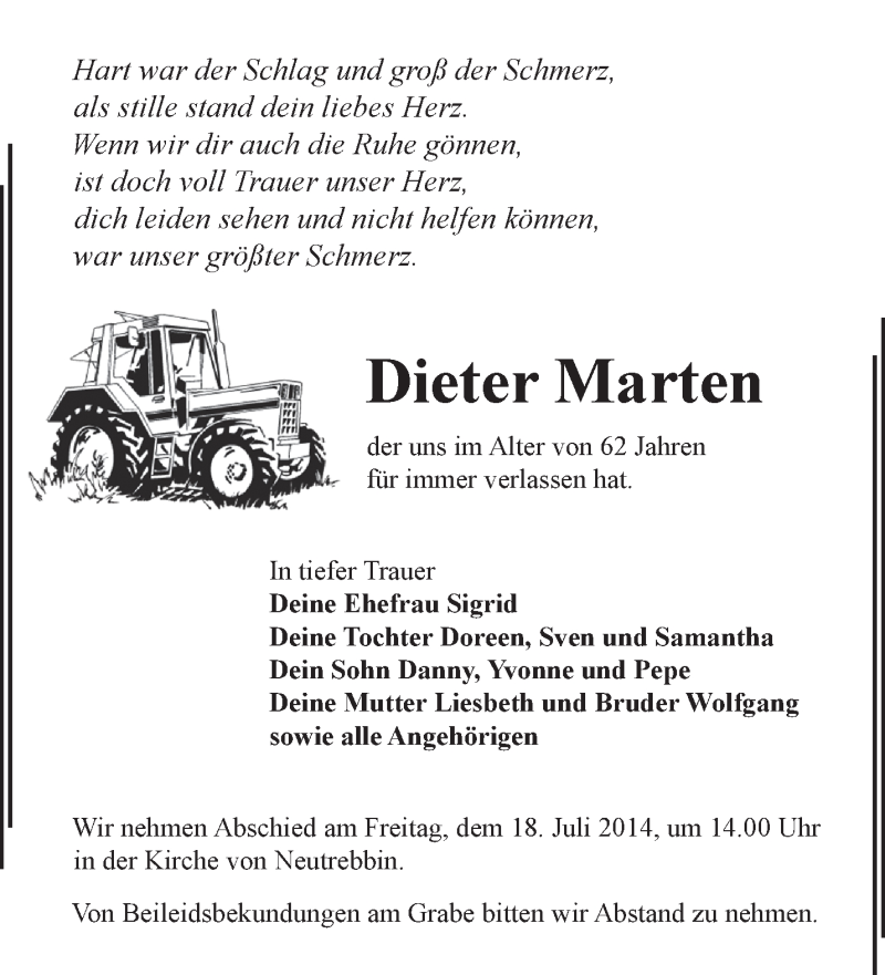  Traueranzeige für Dieter Marten vom 15.07.2014 aus Märkische Oderzeitung