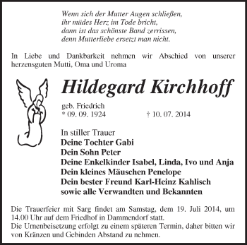 Traueranzeige von Hildegard Kirchhoff von Märkische Oderzeitung