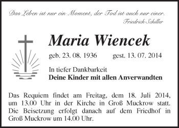 Traueranzeige von Maria Wiencek von Märkische Oderzeitung